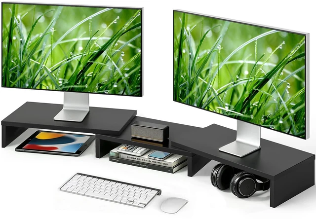 Main image of Monitor Stand Riser, Office Desktop Organizer Stand for 2 Monitors | Adjustable Length and Angle 3 Shelf, Extra Long Multifunctional Wooden Stand up to 43.3" fit Computer, Laptop, TV, Black