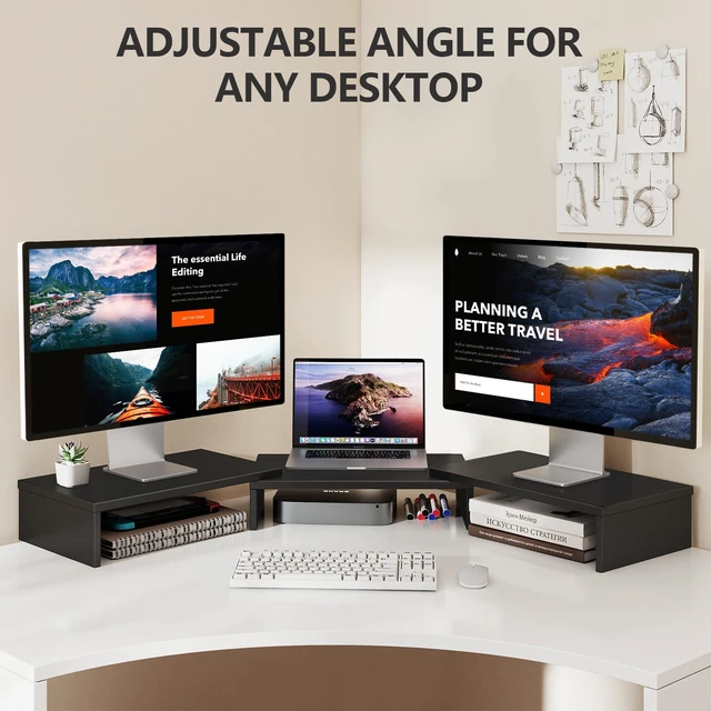 Alt view image 2 of 7 - Monitor Stand Riser, Office Desktop Organizer Stand for 2 Monitors | Adjustable Length and Angle 3 Shelf, Extra Long Multifunctional Wooden Stand up to 43.3" fit Computer, Laptop, TV, Black