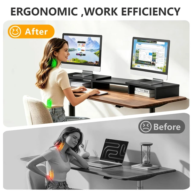 Alt view image 3 of 7 - Monitor Stand Riser, Office Desktop Organizer Stand for 2 Monitors | Adjustable Length and Angle 3 Shelf, Extra Long Multifunctional Wooden Stand up to 43.3" fit Computer, Laptop, TV, Black