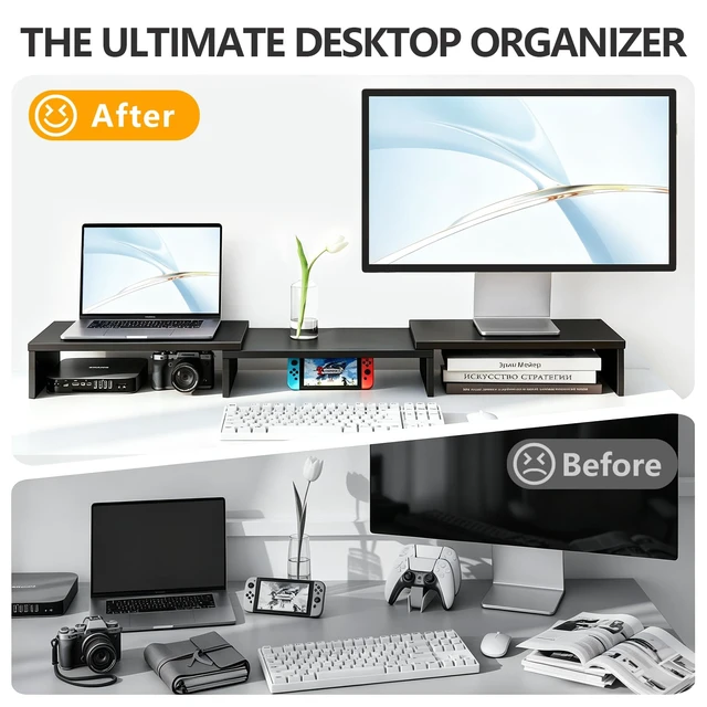 Alt view image 4 of 7 - Monitor Stand Riser, Office Desktop Organizer Stand for 2 Monitors | Adjustable Length and Angle 3 Shelf, Extra Long Multifunctional Wooden Stand up to 43.3" fit Computer, Laptop, TV, Black