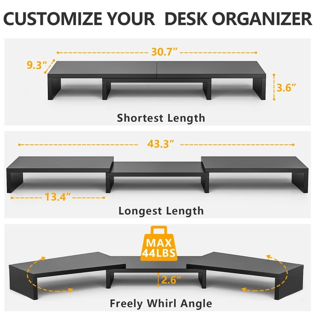 Alt view image 5 of 7 - Monitor Stand Riser, Office Desktop Organizer Stand for 2 Monitors | Adjustable Length and Angle 3 Shelf, Extra Long Multifunctional Wooden Stand up to 43.3" fit Computer, Laptop, TV, Black