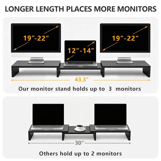 Alt view image 6 of 7 - Monitor Stand Riser, Office Desktop Organizer Stand for 2 Monitors | Adjustable Length and Angle 3 Shelf, Extra Long Multifunctional Wooden Stand up to 43.3" fit Computer, Laptop, TV, Black