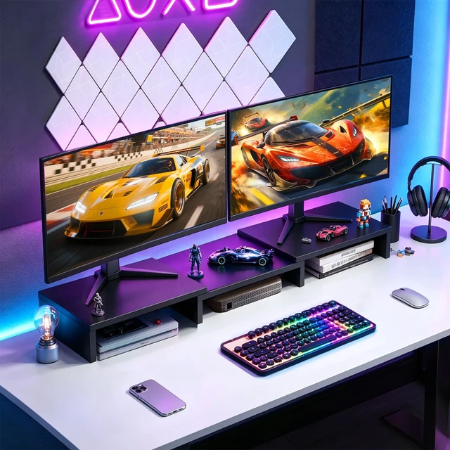 Alt view image 7 of 7 - Monitor Stand Riser, Office Desktop Organizer Stand for 2 Monitors | Adjustable Length and Angle 3 Shelf, Extra Long Multifunctional Wooden Stand up to 43.3" fit Computer, Laptop, TV, Black