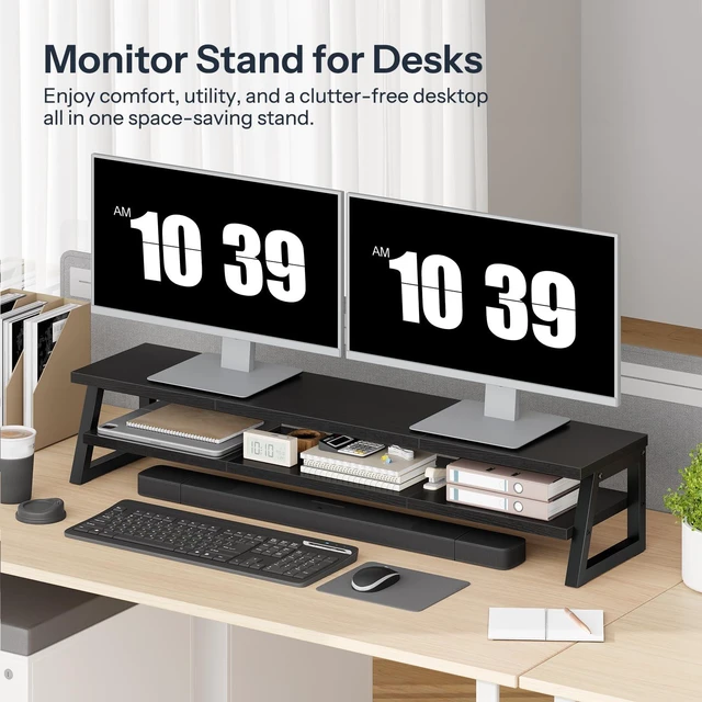 Alt view image 3 of 7 - 2-Tier Dual Monitor Stand Riser, 39 Inch Large Computer Monitor Stand for 2 Monitors, Computer Monitor Riser, Desk Shelf Organizer for Office Desk, Accessories, Black BB122CJ01