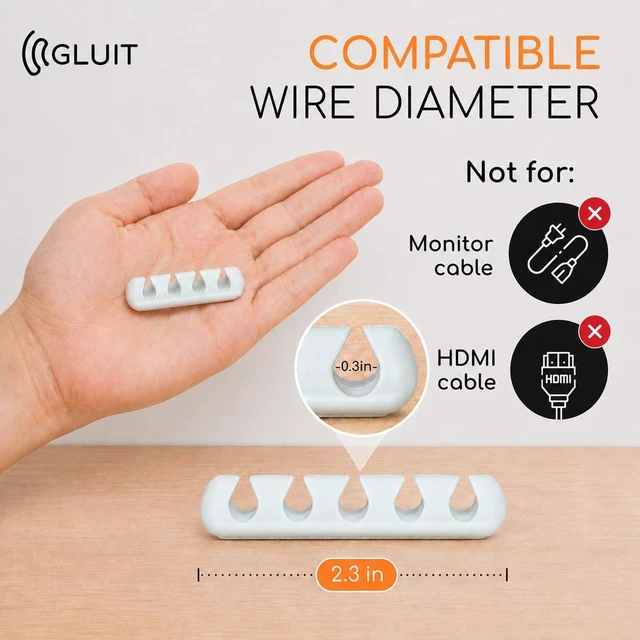 Alt view image 4 of 7 - Cord Organizer for Desk, Nightstand Cable Holder, 5 Pack, Multislot, White | GLUIT Adhesive Charger Organizer, Cable Management for Desk Car Office Home College Dorm Room Cable Clips for Cords