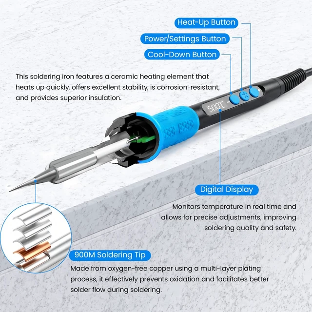Alt view image 4 of 7 - 100W Portable LCD Electronic Soldering Iron, Heats up in 15 seconds | A complete soldering iron kit suitable for beginners and professional electronic users for circuit board repair and soldering