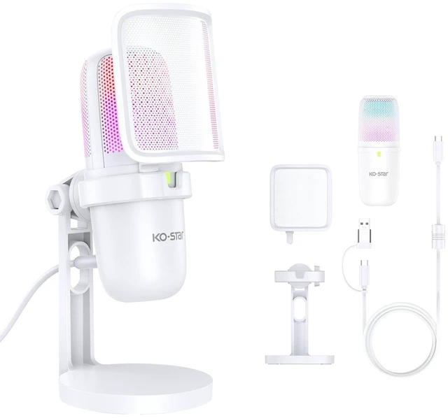 Main image of USB Condenser Microphone, Gaming Mic for PC/PS5 Podcast Streaming | White, RGB, Plug & Play, Noise Reduction, Pop Filter, Quick Mute, Shock Mount, for PC/PS5 Discord Twitch ASMR YouTube Record