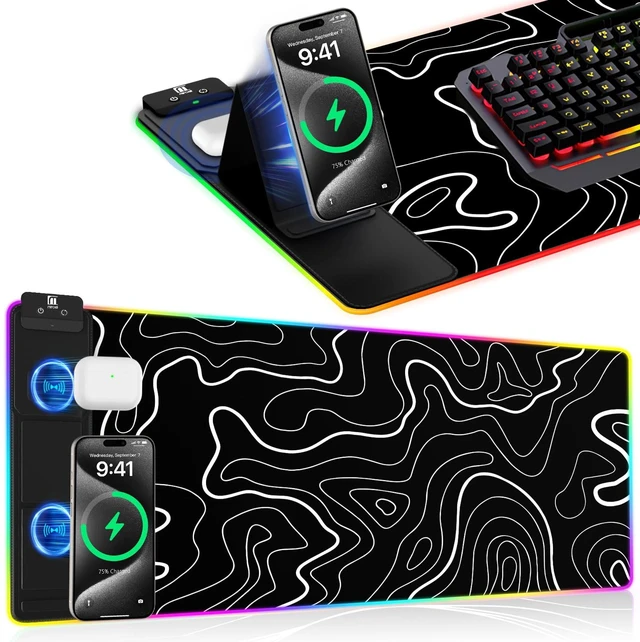 Main image of XXL Mouse Pad with Phone Holder - Black, RGB Desk Mat with 15W Fast Charging, LED Gaming Mousepad with 11 Light Colors, Waterproof Non-Slip Pad for Office & Home (Topographic)