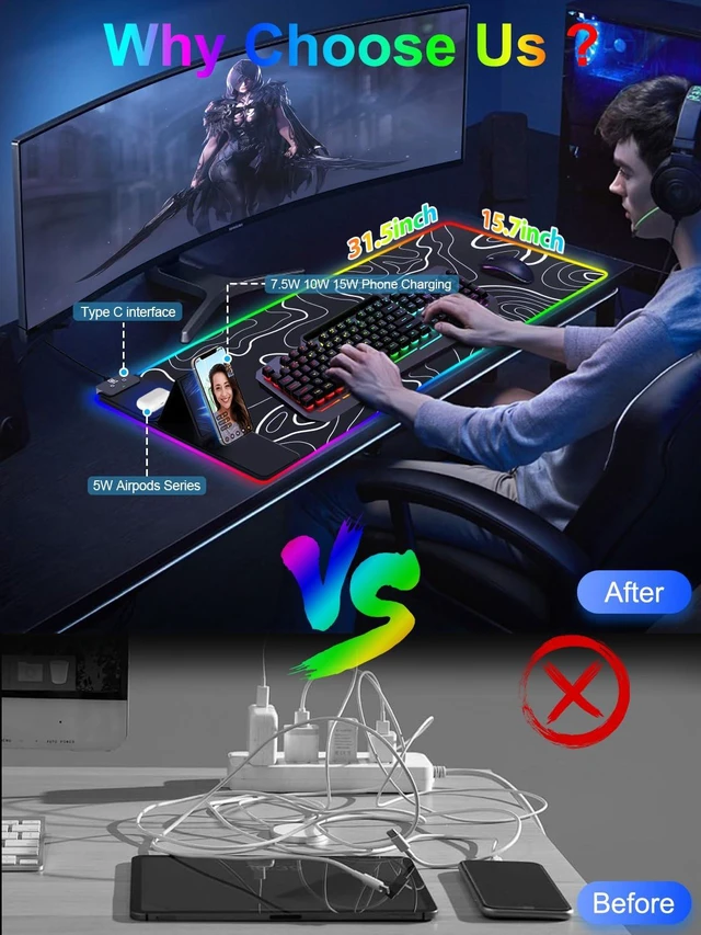Alt view image 2 of 7 - XXL Mouse Pad with Phone Holder - Black, RGB Desk Mat with 15W Fast Charging, LED Gaming Mousepad with 11 Light Colors, Waterproof Non-Slip Pad for Office & Home (Topographic)