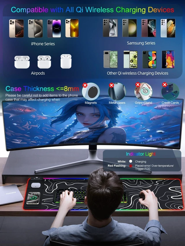 Alt view image 3 of 7 - XXL Mouse Pad with Phone Holder - Black, RGB Desk Mat with 15W Fast Charging, LED Gaming Mousepad with 11 Light Colors, Waterproof Non-Slip Pad for Office & Home (Topographic)