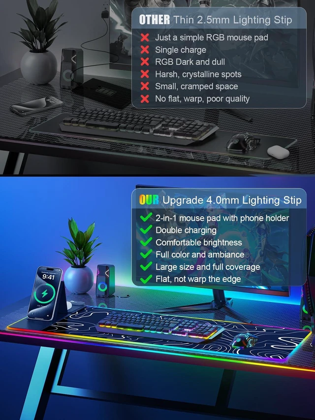 Alt view image 6 of 7 - XXL Mouse Pad with Phone Holder - Black, RGB Desk Mat with 15W Fast Charging, LED Gaming Mousepad with 11 Light Colors, Waterproof Non-Slip Pad for Office & Home (Topographic)
