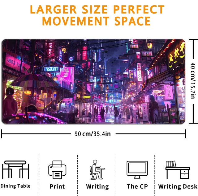 Alt view image 3 of 7 - Mouse Pad,XXL 35.4"x15.7" Big Gaming Mousepad,Japanese Streets Large Extended Mouse Mat,Non-Slip Rubber Base Waterproof with Stitched Edges for Gaming Office Home