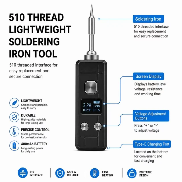 Alt view image 3 of 5 - Smart Mini Portable Soldering Iron Small | 510 connection type c port digital screen 400mah
