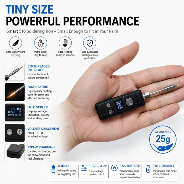 Alt view image 4 of 5 - Smart Mini Portable Soldering Iron Small | 510 connection type c port digital screen 400mah