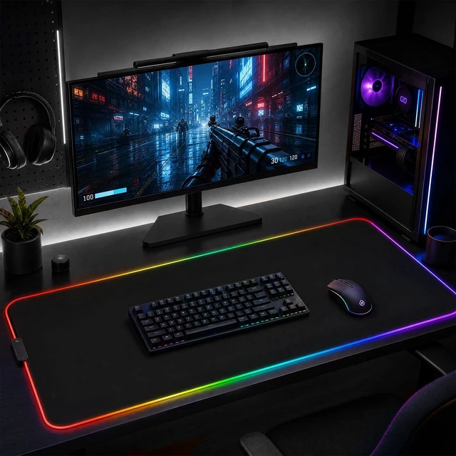 Main image of RGB LED Gaming Mouse Pad, Desk Pad, Large Mouse Pad for Desk, Computer Mat | Mousepad, Keyboard Mat, Mouse Pads for Desk, 14 Light Modes, Gaming Mouse Pad, Computer Mats for Desktop, 31.5×11.8 Inch