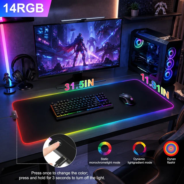 Alt view image 2 of 6 - RGB LED Gaming Mouse Pad, Desk Pad, Large Mouse Pad for Desk, Computer Mat | Mousepad, Keyboard Mat, Mouse Pads for Desk, 14 Light Modes, Gaming Mouse Pad, Computer Mats for Desktop, 31.5×11.8 Inch