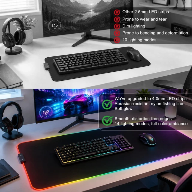 Alt view image 4 of 6 - RGB LED Gaming Mouse Pad, Desk Pad, Large Mouse Pad for Desk, Computer Mat | Mousepad, Keyboard Mat, Mouse Pads for Desk, 14 Light Modes, Gaming Mouse Pad, Computer Mats for Desktop, 31.5×11.8 Inch