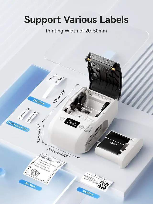 Alt view image 3 of 3 - NIIMBOT M2 Thermal Transfer 2Inch Bluetooth Label Maker(White) with 50×30mm Brushed Silver Label Tape for Office Small Business School Home Cable Storage, Compatible with Phones & PC