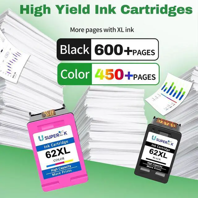 Alt view image 3 of 7 - 62XL Ink Cartridges Black and Color Replacement for HP Ink 62 XL
