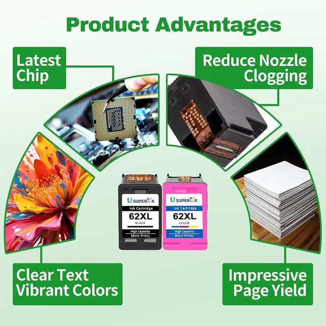 Alt view image 4 of 7 - 62XL Ink Cartridges Black and Color Replacement for HP Ink 62 XL