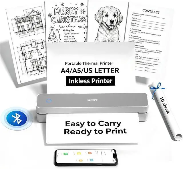 Main image of iDPRT MT610 Portable Thermal Printer, 203DPI Mobile-Travel-Printers, Inkless-Wireless-Small-Printer for Home Use, Office, Vehicles, Bluetooth Printers Supports 8.5" x 11" US Letter&A4&A5, White