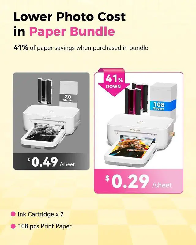 Alt view image 2 of 7 - HPRT Photo Printer 4x6 with 108 Sheets & 2 Cartridges, Instant Picture Printer for iPhone & Android, Bluetooth Dye Sublimation Phone Photo Printer, Home Use, Ideal Gift, White