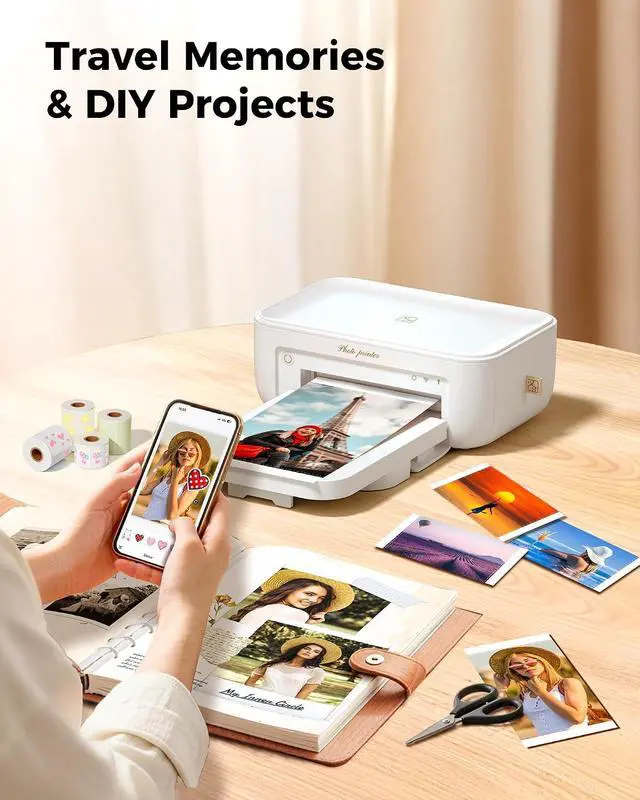 Alt view image 7 of 7 - HPRT Photo Printer 4x6 with 108 Sheets & 2 Cartridges, Instant Picture Printer for iPhone & Android, Bluetooth Dye Sublimation Phone Photo Printer, Home Use, Ideal Gift, White