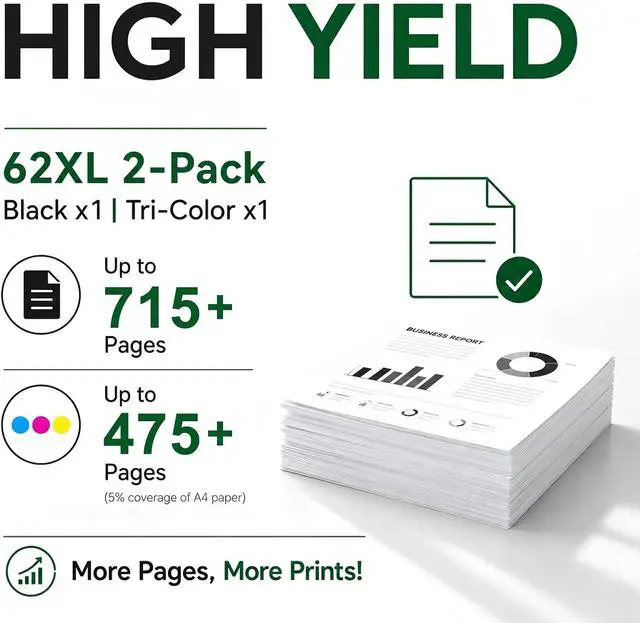 Alt view image 3 of 6 - Remanufactured 62XL Ink Cartridges Black and Color Replacement for HP 62XL