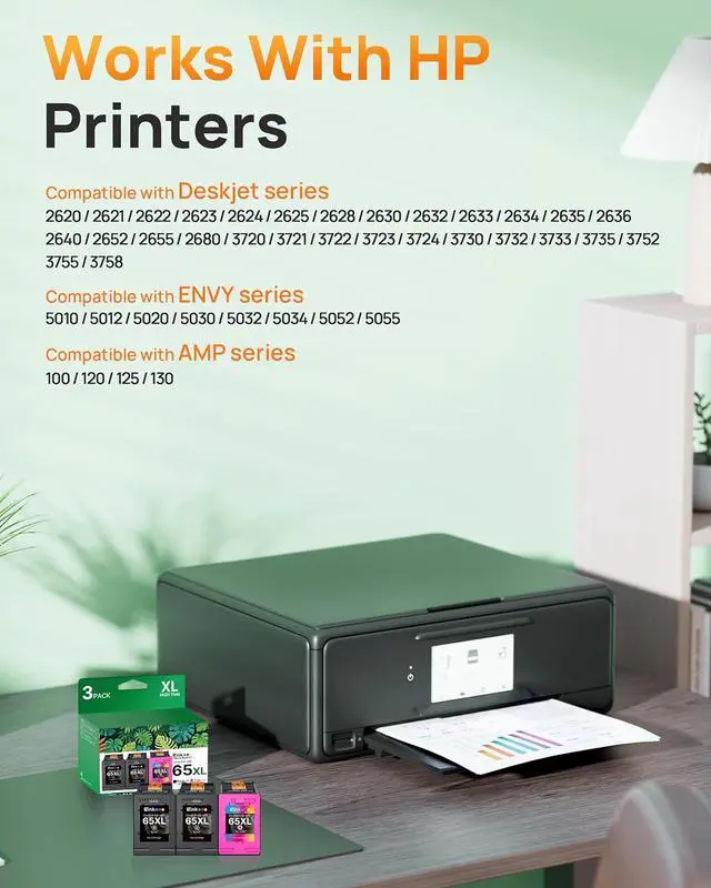 Alt view image 2 of 7 - 65XL 65 Ink Cartridges Black/Color Combo Pack Replacement for HP 65 65XL Ink Cartridges Work for HP DeskJet 3755 3772 3752 3700 3722 2600 2622 Envy 5055 5000 5070 5052 Printer ( 2 Black,1 Tri Color )