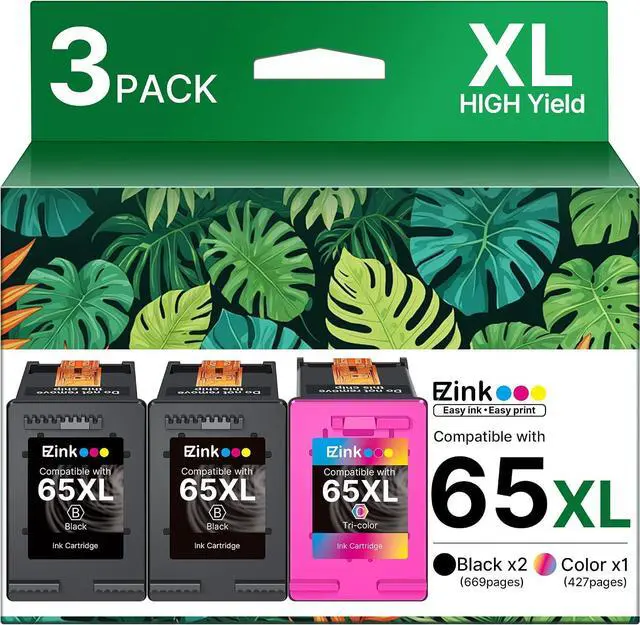 Main image of 65XL 65 Ink Cartridges Black/Color Combo Pack Replacement for HP 65 65XL Ink Cartridges Work for HP DeskJet 3755 3772 3752 3700 3722 2600 2622 Envy 5055 5000 5070 5052 Printer ( 2 Black,1 Tri Color )
