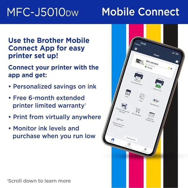 Alt view image 7 of 7 - Brother INKvestment 5010 Wireless Color Inkjet All-in-One Printer with Automatic 2-Sided Copy & Scan with 2.7 Color Touchscreen (MCF-J5010DW)