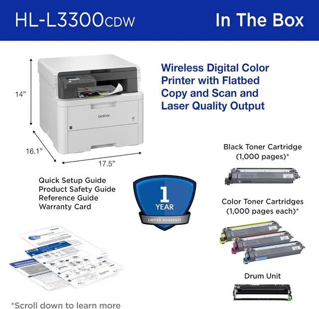 Alt view image 7 of 7 - Brother HL-L3300CDW Wireless Digital Color Multi-Function Laser Printer, Copy & Scan, Duplex, Mobile