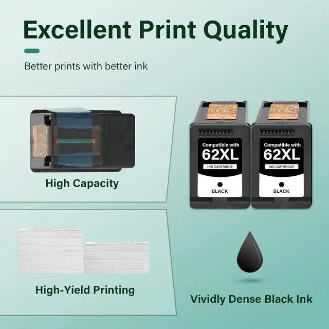 Alt view image 6 of 7 - 62XL 62 Envy 7640 5660 7645 7640 Black Ink Cartridge for HP Printers