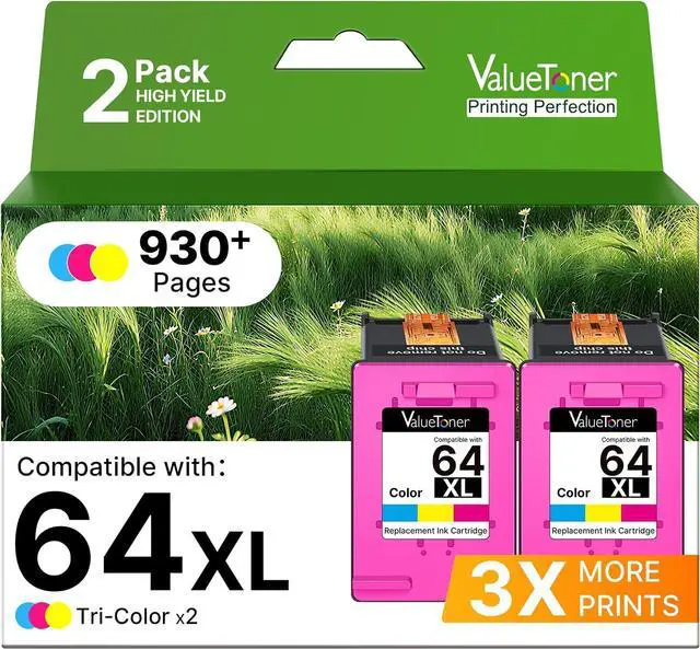 Main image of Valuetoner 64XL Ink Cartridge Combo Pack for HP Ink 64 HP64 (2 Color) Works for HP Envy Inspire 7955e 7958e 7255e Photo 7155 7858 7155 7100 7800 7900 7855 6222 Tango Electronics