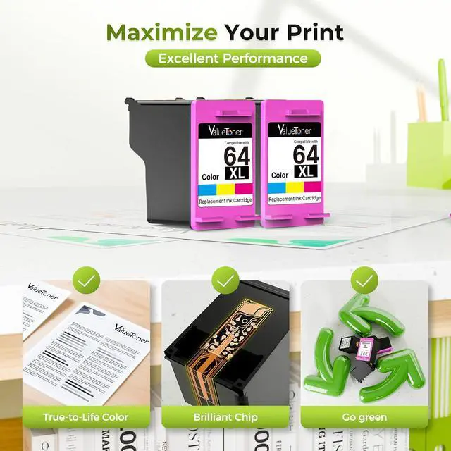 Alt view image 6 of 7 - Valuetoner 64XL Ink Cartridge Combo Pack for HP Ink 64 HP64 (2 Color) Works for HP Envy Inspire 7955e 7958e 7255e Photo 7155 7858 7155 7100 7800 7900 7855 6222 Tango Electronics
