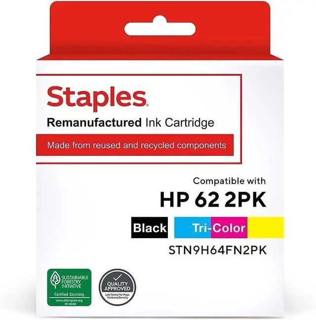 Main image of STAPLES Remanufactured Black/Tri-Color Standard Yield Ink Cartridge Compatible for HP 62, 2 Pack