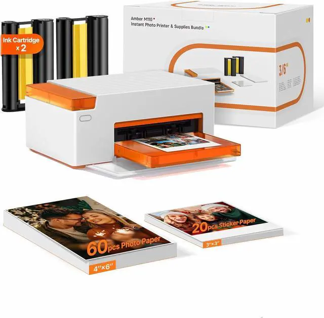 Main image of Liene Amber M110 Bluetooth Photo Printer 80 Sheets, Portable Photo Printer for iPhone, Thermal Dye Sublimation, Picture Printer 60 Sheets 4x6 Paper & 20 Sheets 3" Square Sticker Paper & 2 Cartridges
