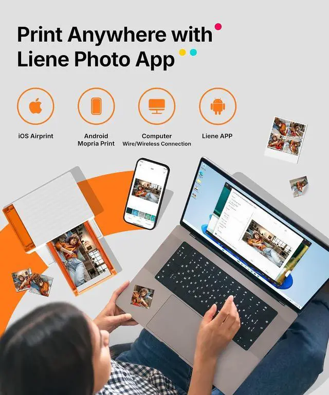 Alt view image 7 of 7 - Liene Amber M110 Bluetooth Photo Printer 80 Sheets, Portable Photo Printer for iPhone, Thermal Dye Sublimation, Picture Printer 60 Sheets 4x6 Paper & 20 Sheets 3" Square Sticker Paper & 2 Cartridges