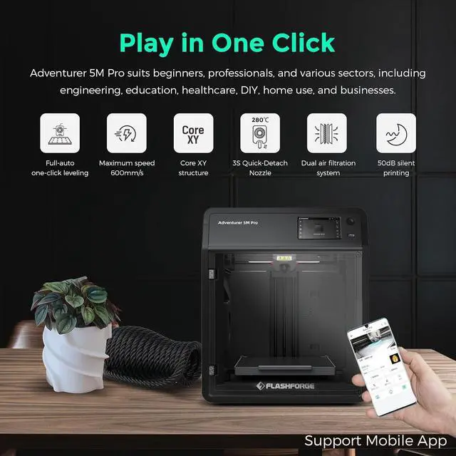 Alt view image 2 of 7 - FLASHFORGE Adventurer 5M Pro 3D Printer with 1 Click Auto Printing System, 600mm/s High-Speed, Quick Detachable 280°C Nozzle, Core XY All-Metal Structure, Multi-Functional 220x220x220mm 3D Printer