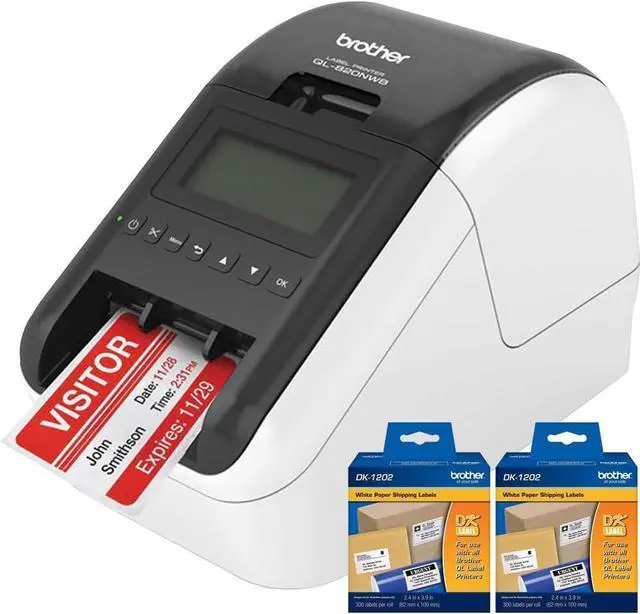 Main image of Brother QL-820NWB Label Printer, Wireless WiFi Bluetooth Ethernet, Direct Thermal Printing, Auto Cutter, PC Mac iOS Android Compatible, Includes 2 x DK-1202 Shipping Address Labels, for Small Business