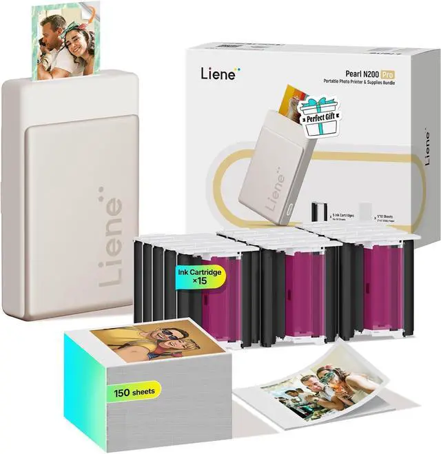 Main image of Liene Pearl N200 Pro Portable AI Photo Printer, Gold, 150 Sheets 2x3 Adhesive Paper & 15 Cartridges Bundle