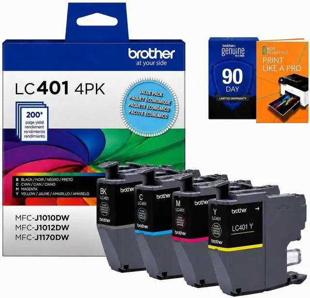 Main image of Brother Genuine LC401 4-Pack Color Standard Yield Ink Cartridge (Black, Cyan, Magenta, Yellow) Bundle with Deco Essentials Printer eBook for MFC-J1010DW, MFC-J1170DW