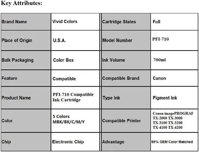 Alt view image 6 of 6 - Vivid Colors PFI-710 Compatible Ink Cartridge Replacement for Canon PFI-710 Set (700ml,MBK,BK,C,M,Y) for Canon imagePROGRAF TX-2000 TX-3000 TX-3100 TX-3200 TX-4000 TX-4100 TX-4200 Printers