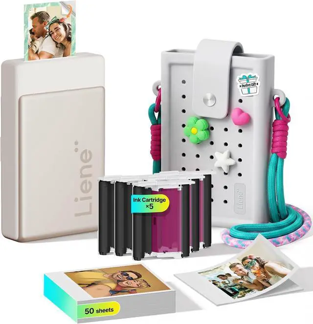 Main image of Liene Pearl N200 Pro Portable AI Photo Printer, 50 Sheets 2x3 Adhesive Paper & 5 Cartridges, Gold, DIY Charm Carry Bag Bundle