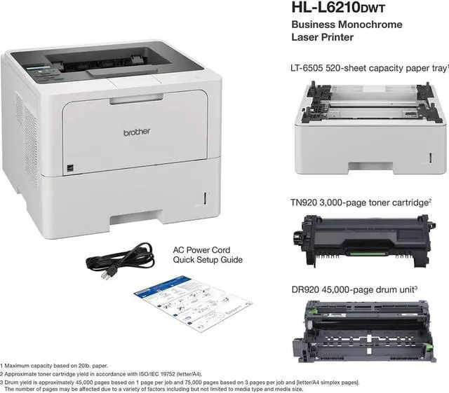 Alt view image 4 of 7 - Brother HL-L6210DWT Wireless Monochrome Laser Printer, Auto Duplex, Dual Paper Trays, High-Speed Office Printer, Large Paper Capacity, 26-Month Warranty, USB Cable & Software Bundle