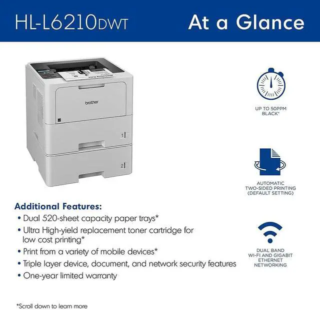 Alt view image 5 of 7 - Brother HL-L6210DWT Wireless Monochrome Laser Printer, Auto Duplex, Dual Paper Trays, High-Speed Office Printer, Large Paper Capacity, 26-Month Warranty, USB Cable & Software Bundle