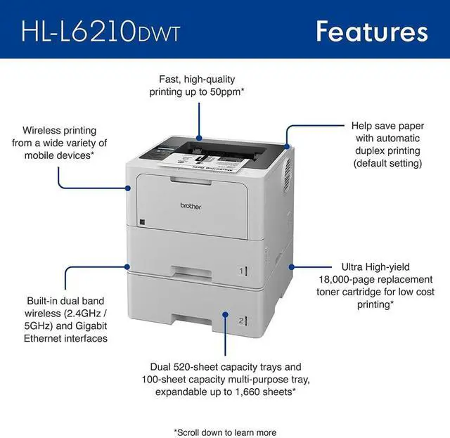 Alt view image 6 of 7 - Brother HL-L6210DWT Wireless Monochrome Laser Printer, Auto Duplex, Dual Paper Trays, High-Speed Office Printer, Large Paper Capacity, 26-Month Warranty, USB Cable & Software Bundle