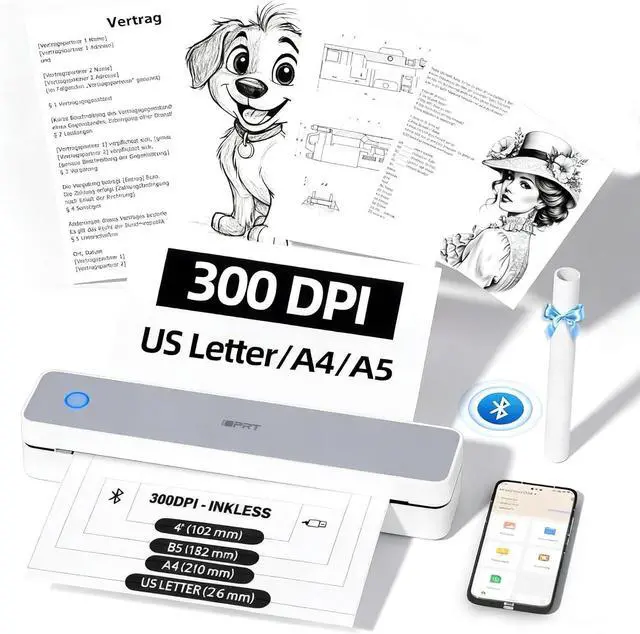 Main image of iDPRT Portable-Printer Wireless for Travel,300DPI Inkless Thermal Small Printers for Home Use,Office,Vehicles,Mobile Bluetooth Printer Supports 8.5" x 11" US Letter,for Smartphone & PC,White Gray