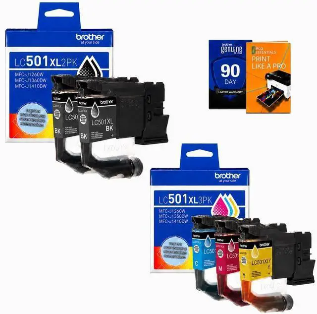 Main image of Brother Genuine LC501XL2PK (2 Black) LC501XL3PK (Cyan, Magenta, Yellow) High Yield Ink Cartridge Bundle with Deco Essentials Printer eBook for MFC-J1260DW, MFC-J1360DW, MFC-J1410DW