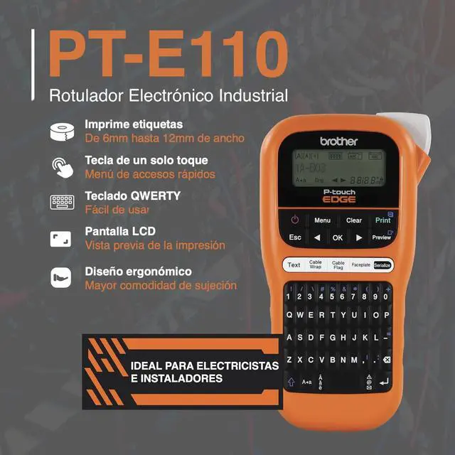 Alt view image 3 of 7 - Brother PTE110 Entry Level Industrial Handheld Labeling Tool Kit - Up to 12mm Labels, Orange